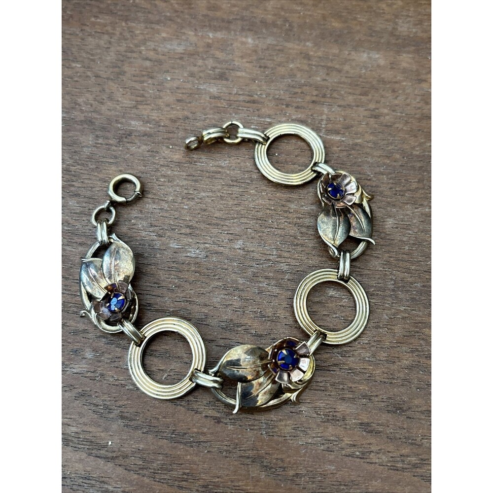 Vintage Rare 12KGF  Signed Harry Iskin Blue Rhinestone Flower Link Bracelet